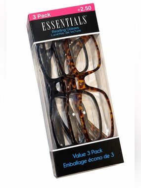 Essentials Reading Glasses 3-Pack in Black and Tortoiseshell +2.50